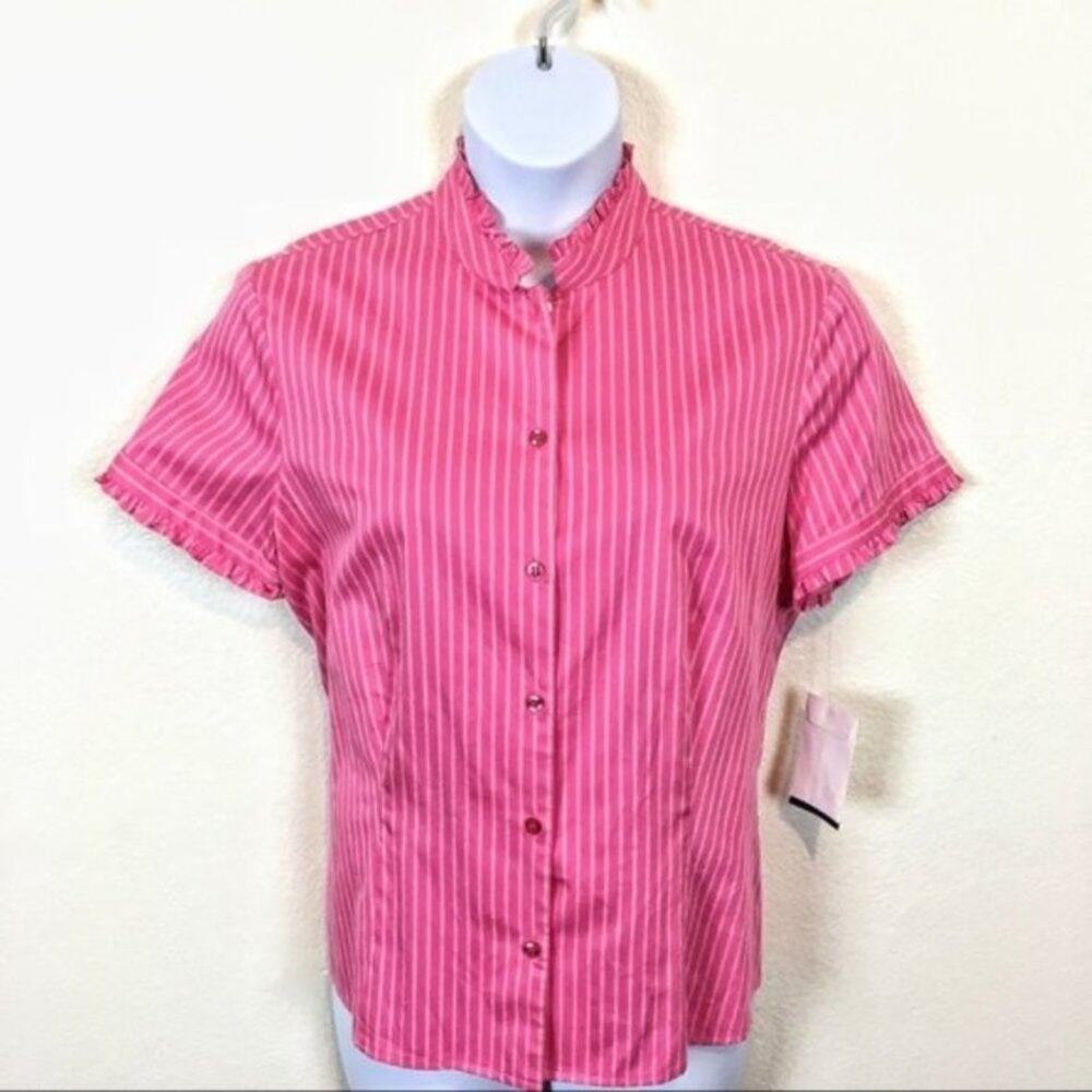 Jones Wear Blouse Barbie Pink Stripe High Neck Ruffle Trim Career Fun NWT XL